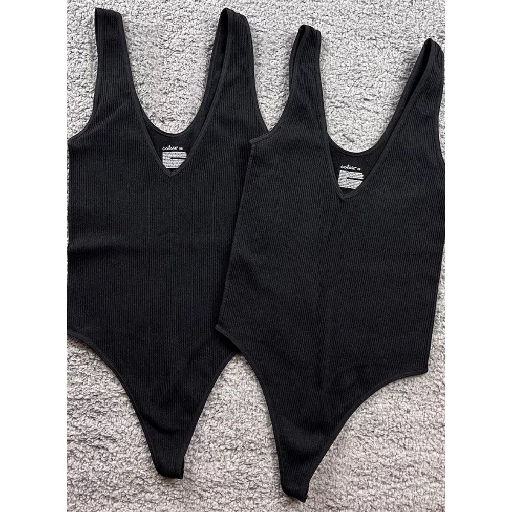 2x Colsie Women's Size XS Seamless V-Neck Thong Bodysuit Black